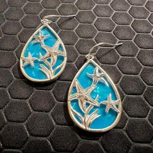Star Fish Earrings with Blue Resin 18K White Gold Plated